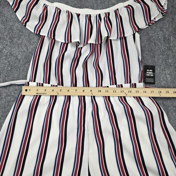 Express Romper Women Large White Stripe Off Shoulder Ruffle Belted Casual Jumper - Picture 11 of 16